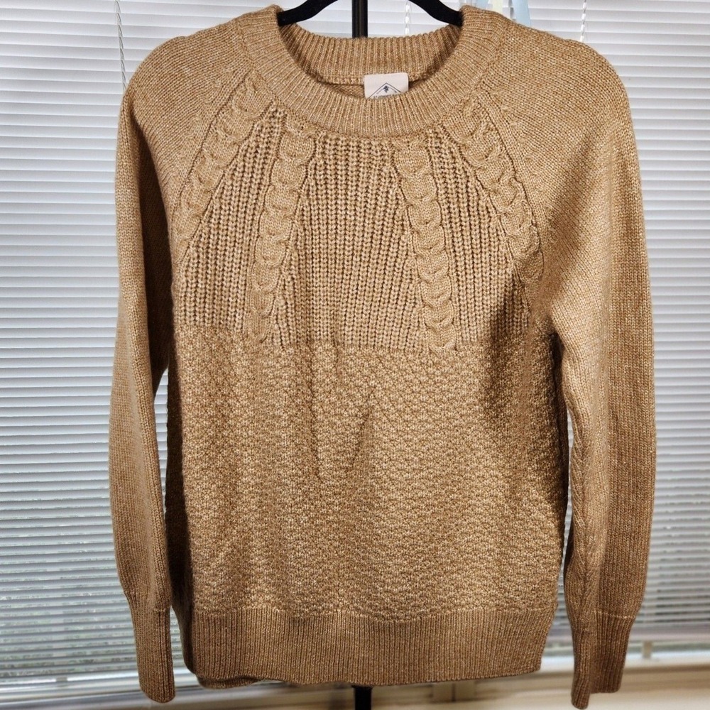 St. John's Bay Large Camel Beige Gold Metallic Cable Knit Ribbed Cozy Sweater